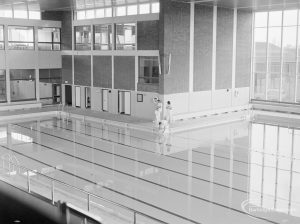 New Dagenham Swimming Pool at Becontree Heath, showing east and south-east end from spectators’ gallery, 1972