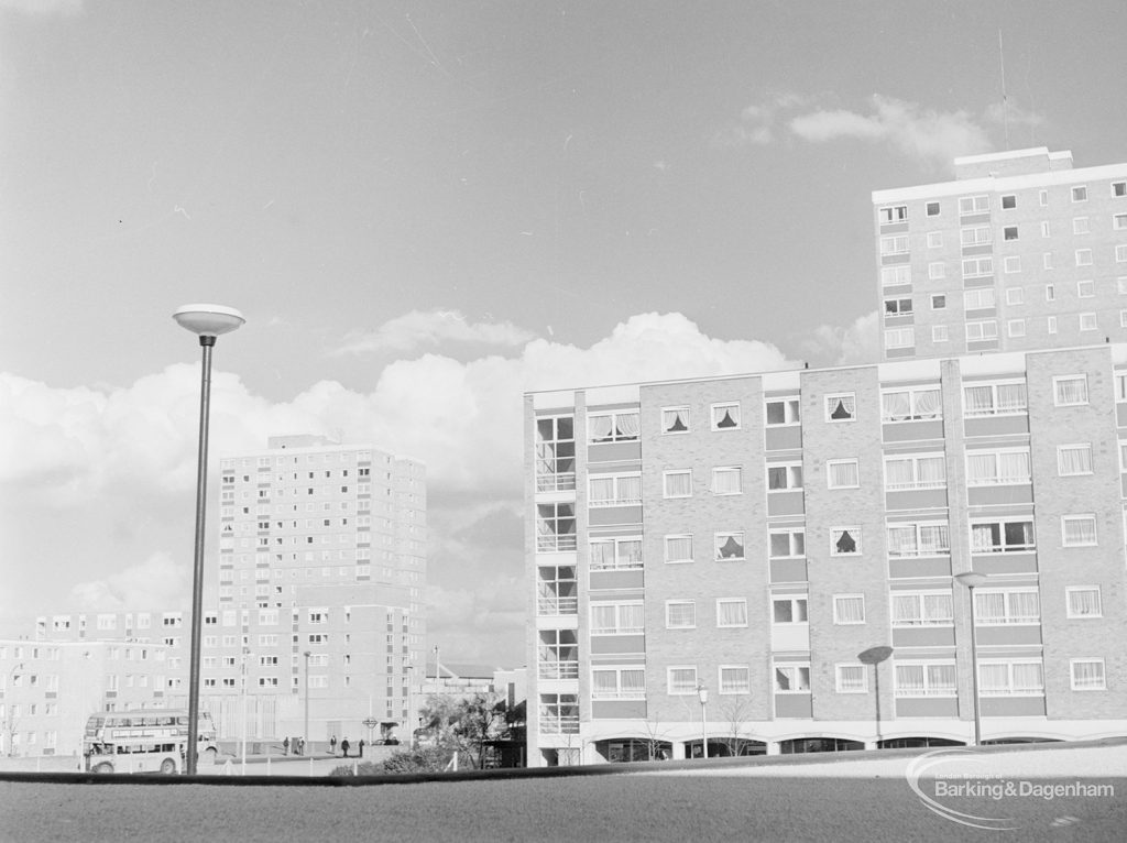 Recent housing at Becontree Heath, showing shops and flats opposite Dagenham Swimming Pool, 1972