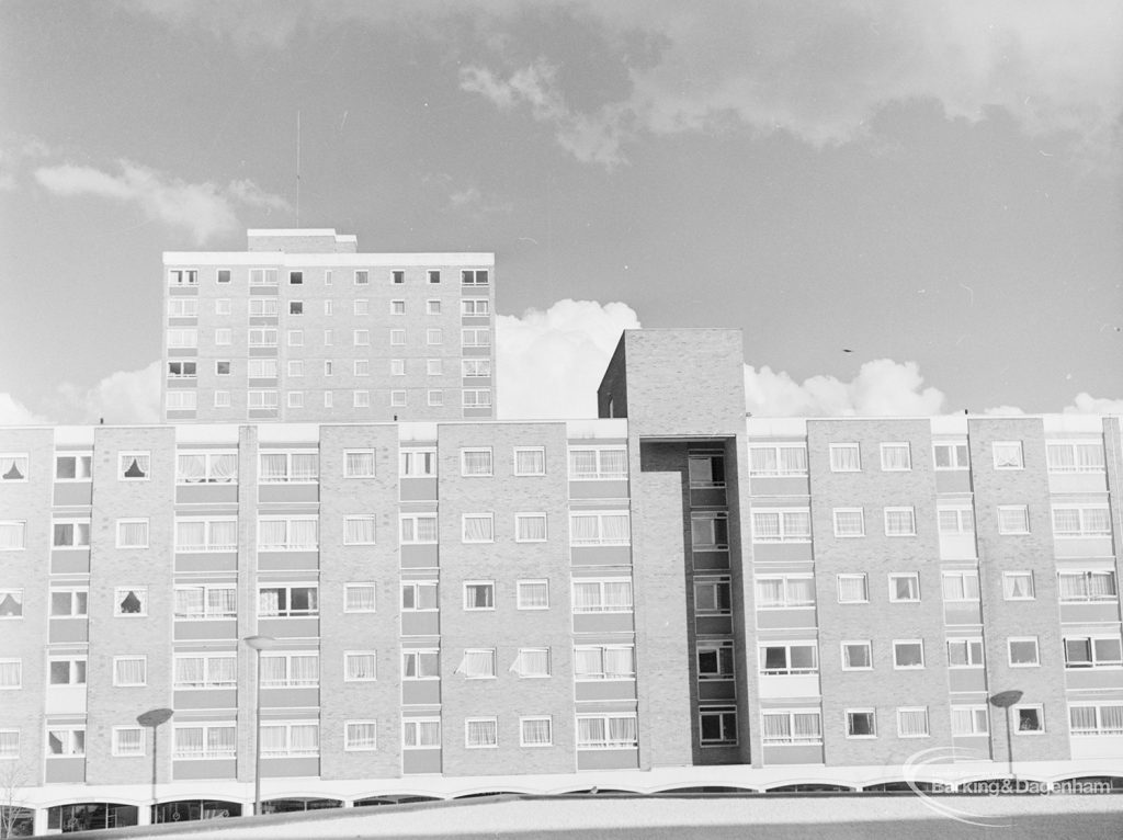 Recent housing at Becontree Heath, showing north end of parade of shops and flats opposite Dagenham Swimming Pool, 1972