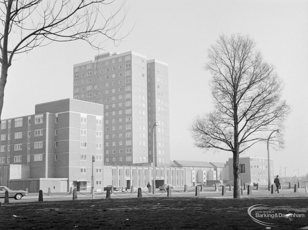 New housing at Becontree Heath, showing twin tower blocks (north side) and tree, 1972