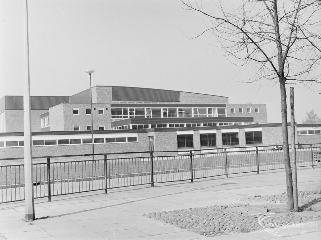 Main structure of Dagenham Swimming Pool, Becontree Heath, omitting entrance, with bare tree on right, 1972