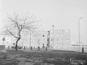 Four-storey housing at Becontree Heath, viewed across grass and bare tree, 1972
