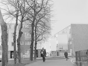 Pedestrians and housing at Becontree Heath, view on south side of Civic Centre roundabout, 1972