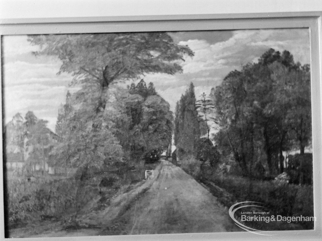 Original oil painting on loan to Valence House Museum by Mr Le Surf of Rainham Road North, Dagenham, looking north, with Ashbrook House on left and tree-lined lane, 1972