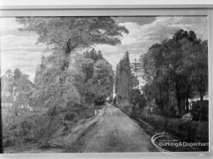 Original oil painting on loan to Valence House Museum by Mr Le Surf of Rainham Road North, Dagenham, looking north, with Ashbrook House on left and tree-lined lane, 1972