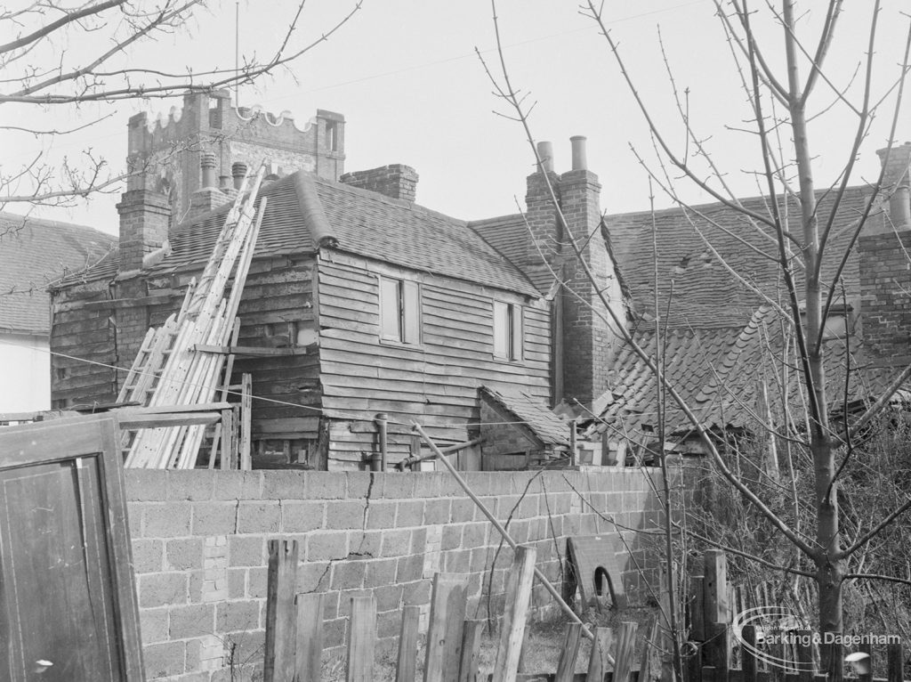 Rear of decaying house adjoining Cross Keys Public House, Crown Street, Dagenham, prior to demolition and still inhabited, 1972