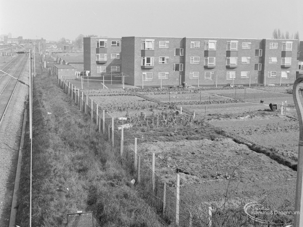 Housing in Dagenham, showing view from railway footbridge towards development south of railway, 1972