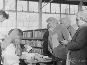 Woman waiting for her bus permit in Children’s Library at Rectory Library, Dagenham, 1972