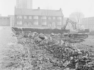 Borough Engineer’s Department clearance of site at Lindsell Road, Barking (Gascoigne 4, Stage 2), showing contractor demolishing boundary wall with west edge left standing, 1972
