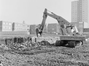 Borough Engineer’s Department clearance of site at Lindsell Road, Barking (Gascoigne 4, Stage 2), showing contractor demolishing boundary wall in north-west corner, 1972