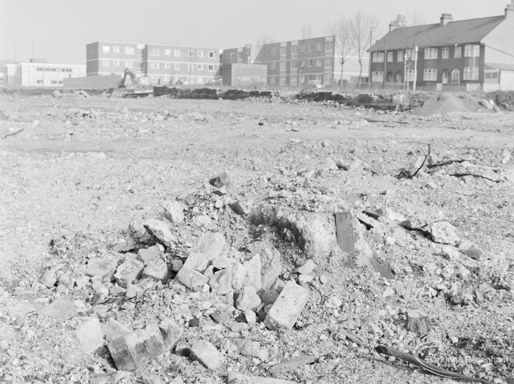 Borough Engineer’s Department clearance of site at Lindsell Road, Barking (Gascoigne 4, Stage 2), showing protruding masonry in centre of site, 1972