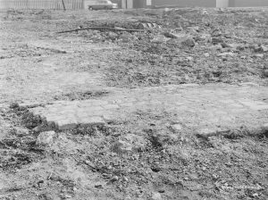 Borough Engineer’s Department clearance of site at Lindsell Road, Barking (Gascoigne 4, Stage 2), showing large slab of cobblestones left by contractors, 1972