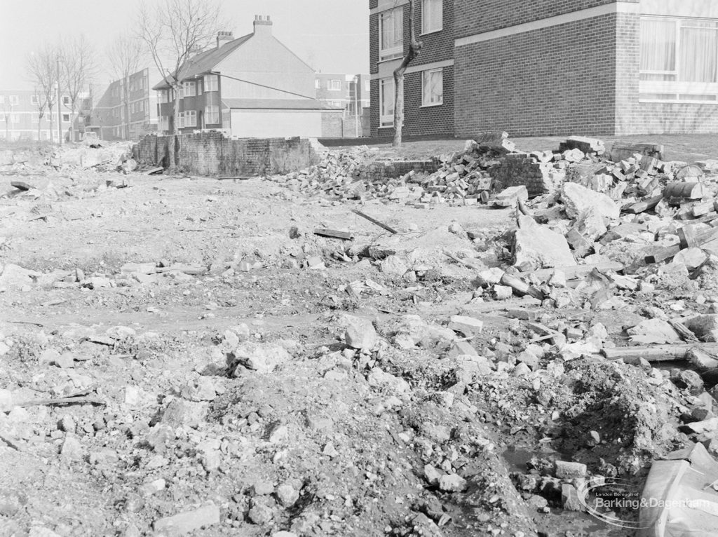 Borough Engineer’s Department clearance of site at Lindsell Road, Barking (Gascoigne 4, Stage 2), showing blocks of abandoned masonry and metalware, 1972