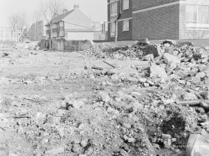 Borough Engineer’s Department clearance of site at Lindsell Road, Barking (Gascoigne 4, Stage 2), showing blocks of abandoned masonry and metalware, 1972