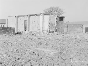 Borough Engineer’s Department clearance of site at Lindsell Road, Barking (Gascoigne 4, Stage 2), showing brick, quadrangular building not demolished, 1972