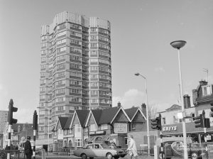 Crown House tower block and Brewery Tap Public House in London Road, Barking, from south-east, 1972