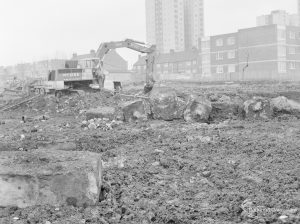 Borough Engineer’s Department clearance of site at Lindsell Road, Barking (Gascoigne 4, Stage 2), showing a row of concrete blocks revealed, 1972