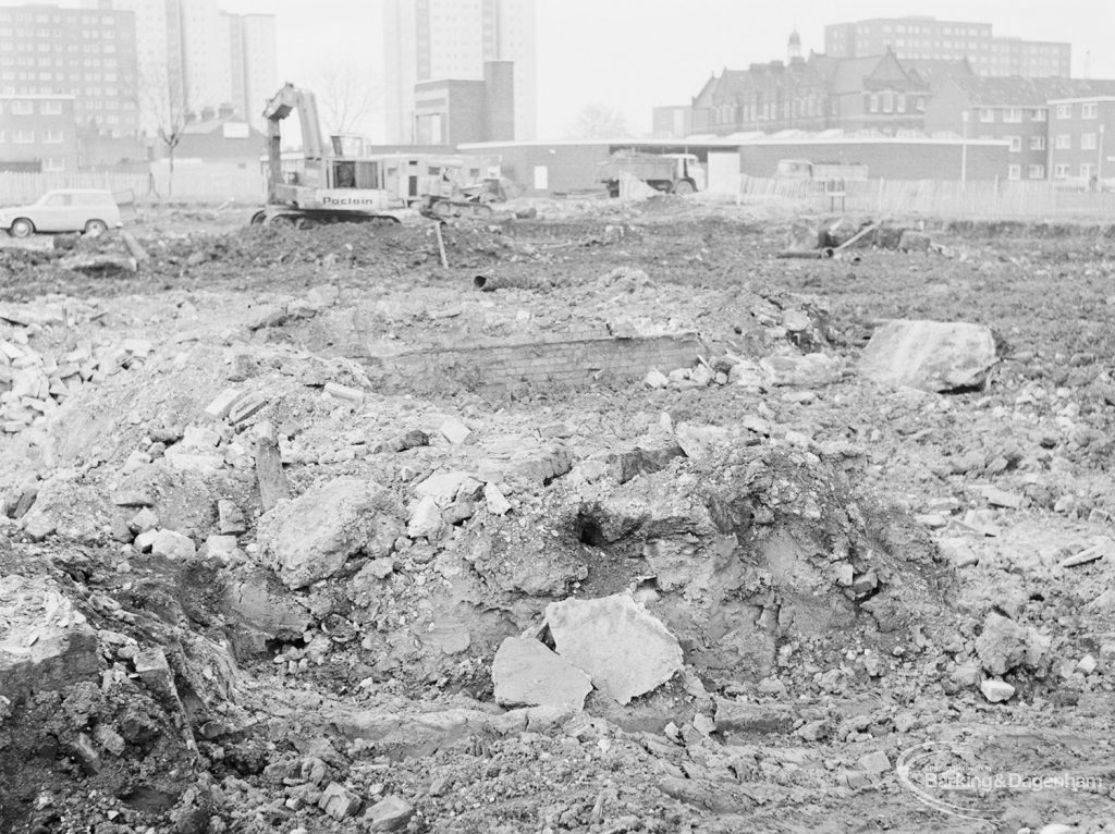 Borough Engineer’s Department clearance of site at Lindsell Road, Barking (Gascoigne 4, Stage 2), showing brick wall and heavy blocks, 1972