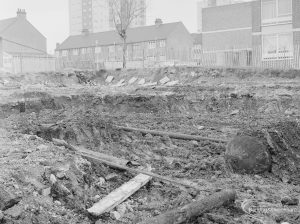 Borough Engineer’s Department clearance of site at Lindsell Road, Barking (Gascoigne 4, Stage 2), showing boiler and smallbore pipe near north edge of site, 1972