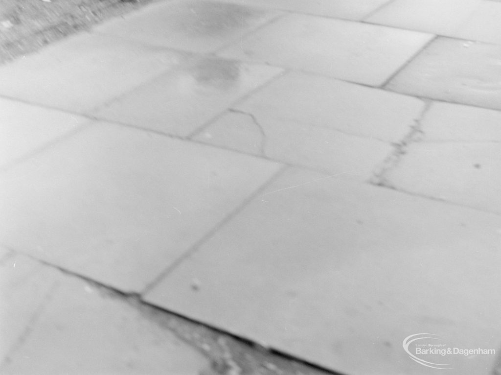 Defective paving in Wood Lane, Dagenham, north side near the Cherry Tree Public House, 1972