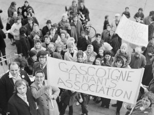 Public meeting on ‘Fair Rents’ bill at Assembly Hall, Barking, showing protestors displaying ‘Gascoigne Tenants Association’ banner, 1972