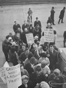 Public meeting on ‘Fair Rents’ bill at Assembly Hall, Barking, showing Gascoigne Tenants Association marchers with ‘Say No to the Tories Unfair Rents’ and other banners, 1972