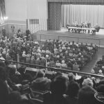 Public meeting on ‘Fair Rents’ bill at Assembly Hall, Barking, showing stage and large section of audience, 1972