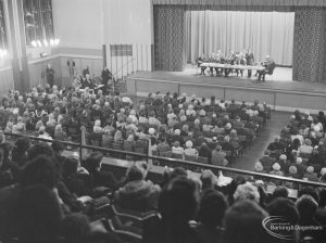 Public meeting on ‘Fair Rents’ bill at Assembly Hall, Barking, showing stage and large section of audience, 1972