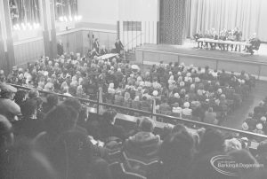 Public meeting on ‘Fair Rents’ bill at Assembly Hall, Barking, showing stage and section of audience at far left, 1972