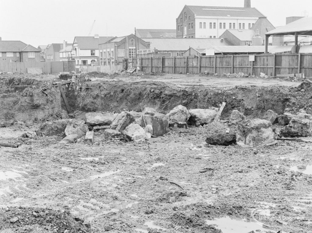 Borough Engineer’s Department clearance of site at Lindsell Road, Barking (Gascoigne 4, Stage 2), showing blocks in corner near Silexine Paints Limited, 1972