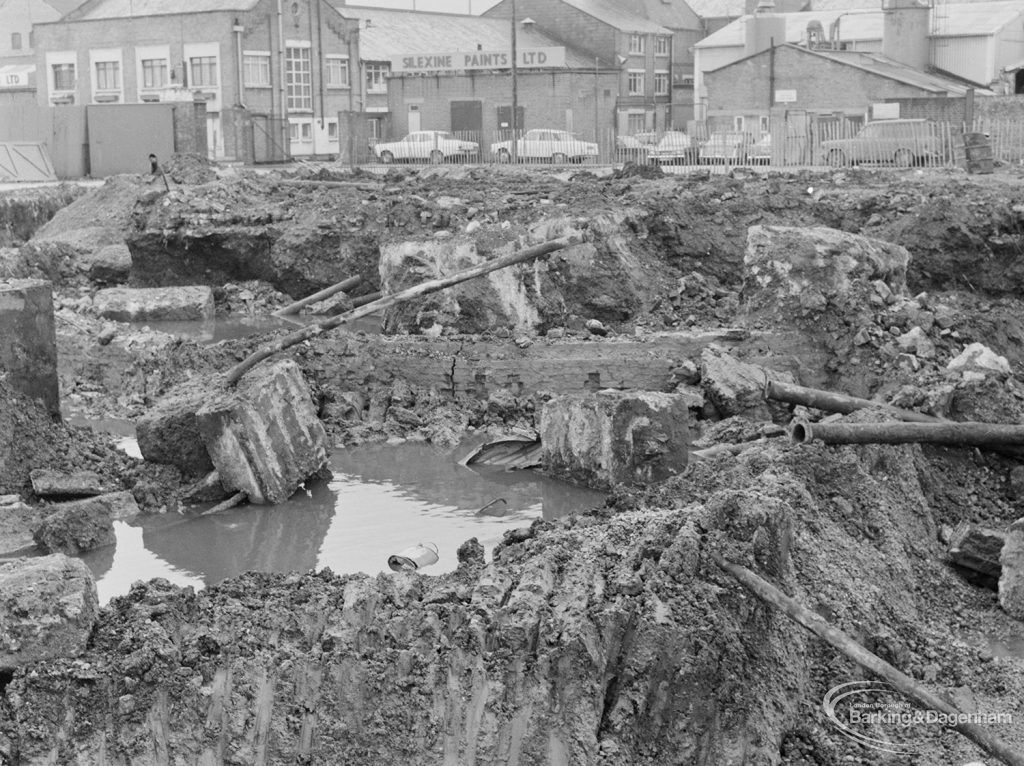 Borough Engineer’s Department clearance of site at Lindsell Road, Barking (Gascoigne 4, Stage 2), showing pipes and debris on south side, 1972