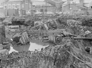 Borough Engineer’s Department clearance of site at Lindsell Road, Barking (Gascoigne 4, Stage 2), showing pipes and debris on south side, 1972