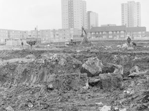 Borough Engineer’s Department clearance of site at Lindsell Road, Barking (Gascoigne 4, Stage 2), showing blocks of masonry and pits on west side, 1972