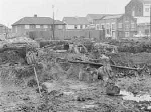 Borough Engineer’s Department clearance of site at Lindsell Road, Barking (Gascoigne 4, Stage 2), showing old ‘gas’ pipes found on west centre, 1972