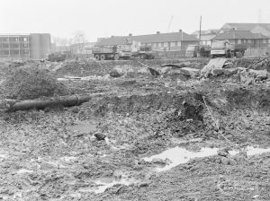 Borough Engineer’s Department clearance of site at Lindsell Road, Barking (Gascoigne 4, Stage 2), showing dynamited concrete near main entrance, 1972