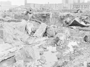Borough Engineer’s Department clearance of site at Lindsell Road, Barking (Gascoigne 4, Stage 2), showing crushed metal tank and blocks of masonry in south-east section, 1972