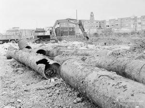 Borough Engineer’s Department clearance of site at Lindsell Road, Barking (Gascoigne 4, Stage 2), showing old [possibly gas], large diameter pipes, 1972