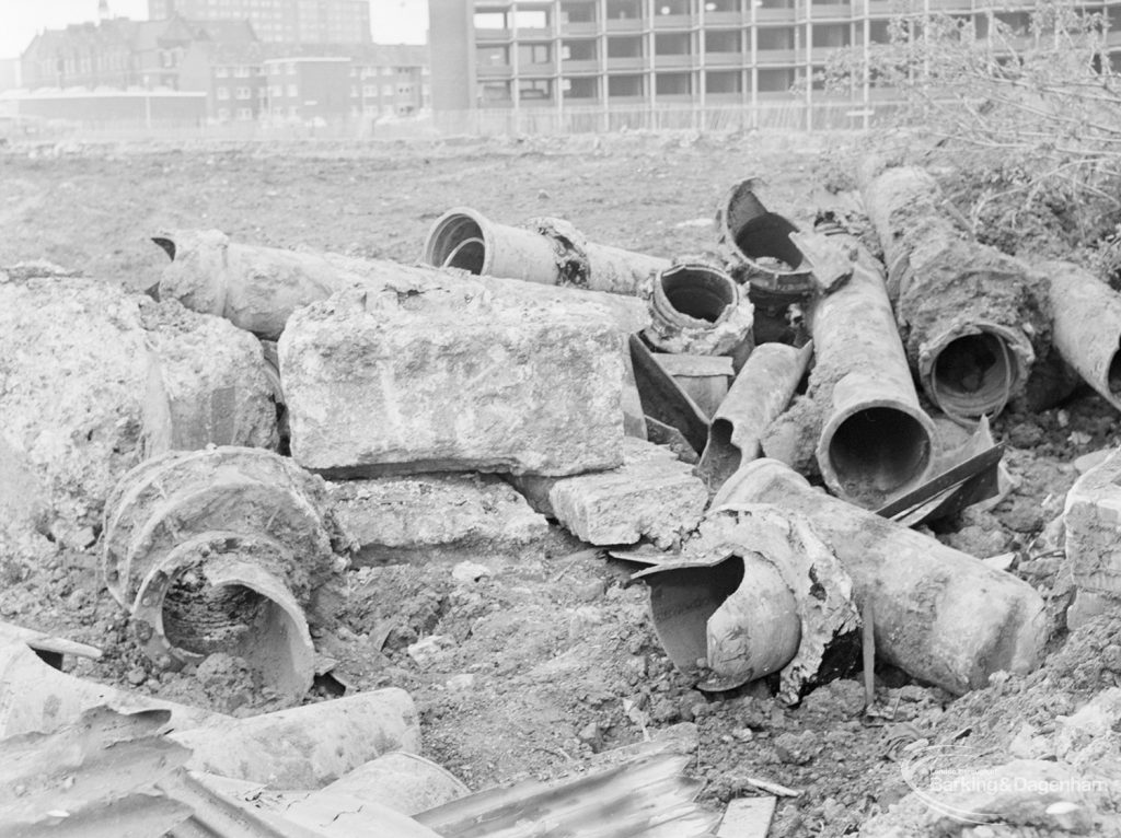 Borough Engineer’s Department clearance of site at Lindsell Road, Barking (Gascoigne 4, Stage 2), showing tree, drain pipes, blocks, et cetera, in south-east section, 1972
