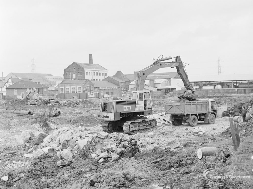 Borough Engineer’s Department clearance of site at Lindsell Road, Barking (Gascoigne 4, Stage 2), showing clearance of broken rubble on north edge, 1972