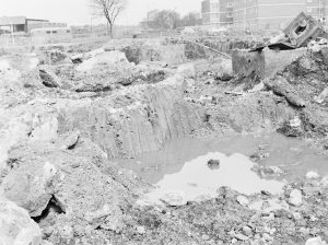 Borough Engineer’s Department clearance of site at Lindsell Road, Barking (Gascoigne 4, Stage 2), showing clay pit and water near east side, 1972