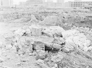 Borough Engineer’s Department clearance of site at Lindsell Road, Barking (Gascoigne 4, Stage 2), showing tank, chunks of brickwork and circular base on south side, 1972