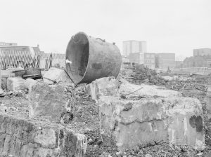 Borough Engineer’s Department clearance of site at Lindsell Road, Barking (Gascoigne 4, Stage 2), showing foundation blocks and cauldron near Lindsell Street, centre, 1972
