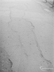 Highways accident, showing long strip of defective tarmac outside car park near the Merry Fiddlers Public House, Becontree Heath, Dagenham, 1972