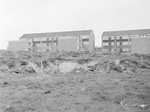 Dagenham Village housing development, showing undeveloped land adjoining east end of Ballards Road, continuing to south-east, with Wellington Drive housing, 1972