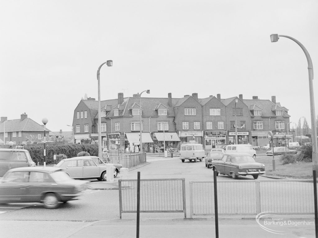 North end of Wood Lane, Dagenham, with shops to south-west, 1972