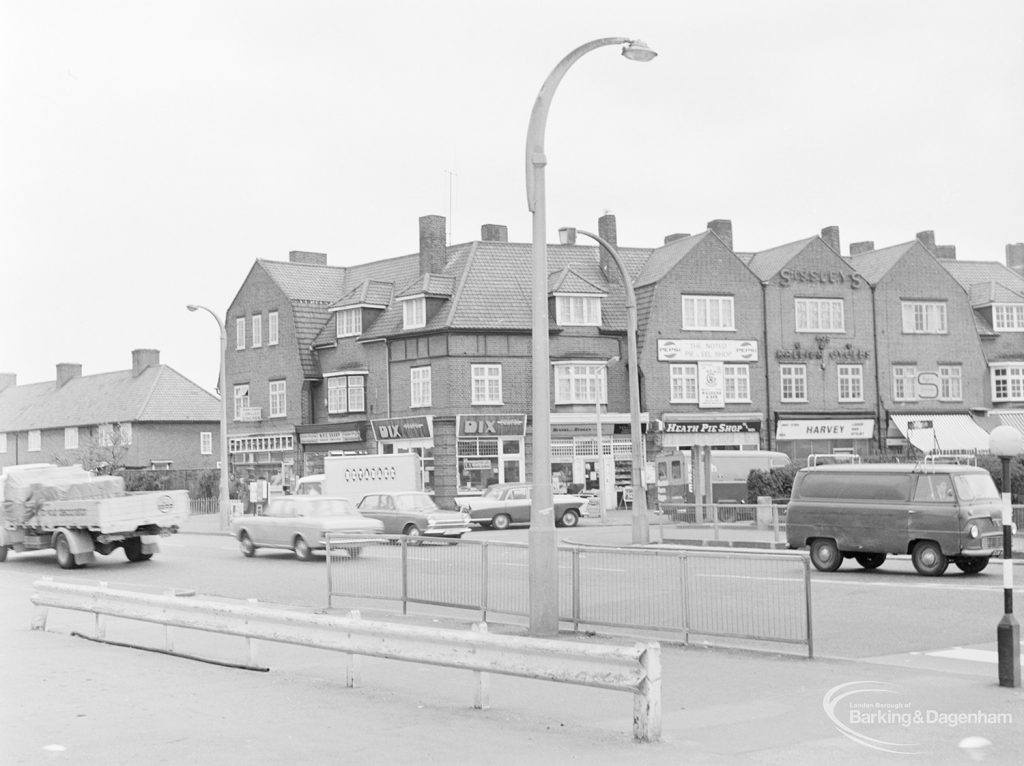 North end of Wood Lane, Dagenham, looking to shopping parade, 1972