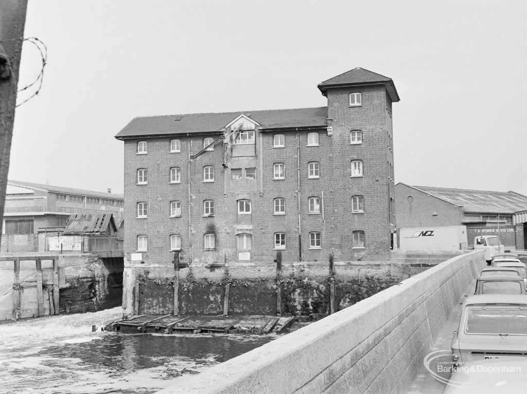 Mill and warehouse on waterfront at Barking Quay, from east, 1972
