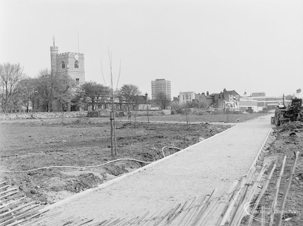 Old Barking landscaping, showing area looking north from Abbey Road, with St Margaret’s Parish Church on left, 1972