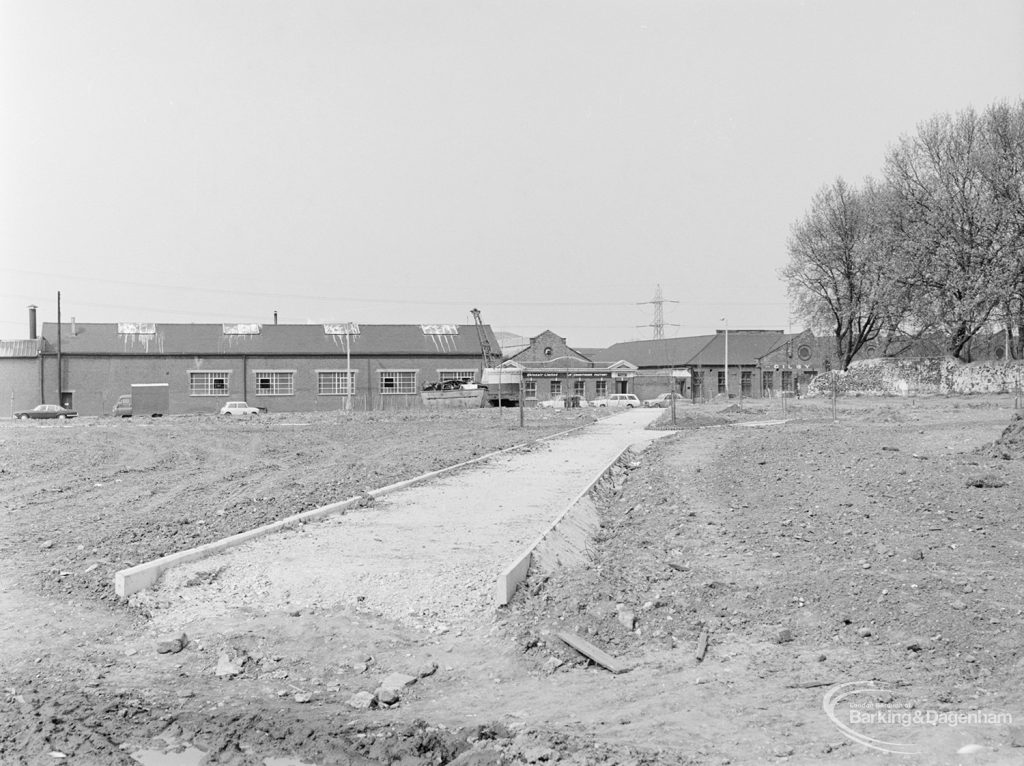 Old Barking landscaping, showing foundations of path crossing, 1972