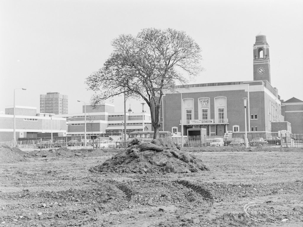 Old Barking landscaping, showing Assembly Hall from south-south-east across cleared area, 1972